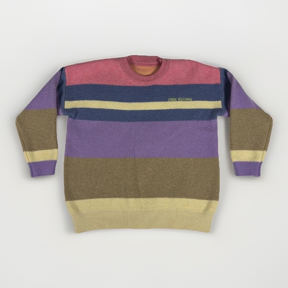 Isde Azoma Striped Sweater Mens Medium Multicolor Teddy Bear Graphic Harajuku